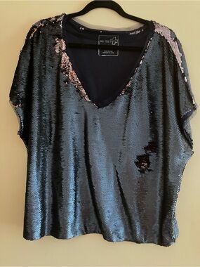 We The Free Black Sequin V-Neck Top with Pink Reversible Accents